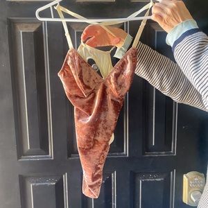 Blush and off-white velvet and stretch jersey bodysuit